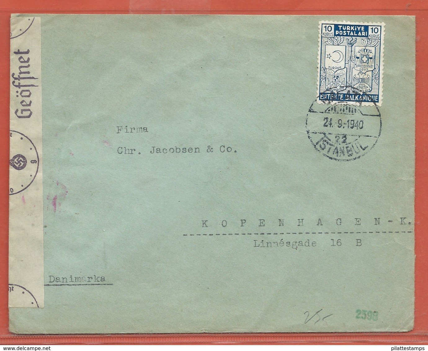 TURQUIE LETTRE CENSUREE DE 1940 DE GALATA POUR COPENHAGUE - Briefe U. Dokumente