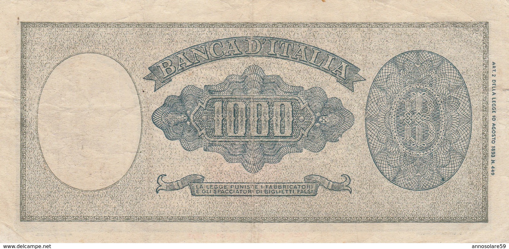 BANCONOTA: REPUBBLICA ITALIANA *1.000 LIRE TESTINA* 18/AGOSTO/1943 - FALSO D'EPOCA, ORIGINALE 100% - LEGGI - 100 Lire
