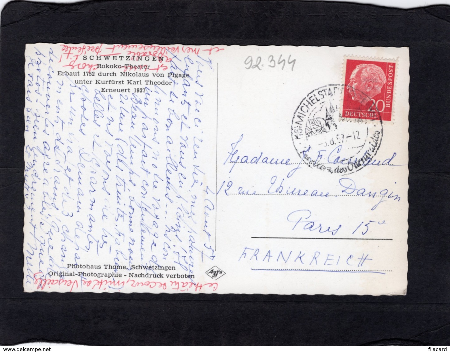 92344    Germania,  Schwetzingen,  Rokoko Theater,  VG  1957 - Schwetzingen