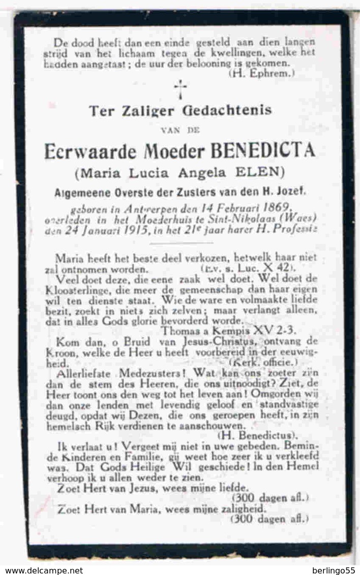 Dp. Moeder Benedicta. Elen Maria. ° Antwerpen 1869 † Sint-Nikolaas (Waas) 1915  (2 Scan's) - Religion & Esotérisme