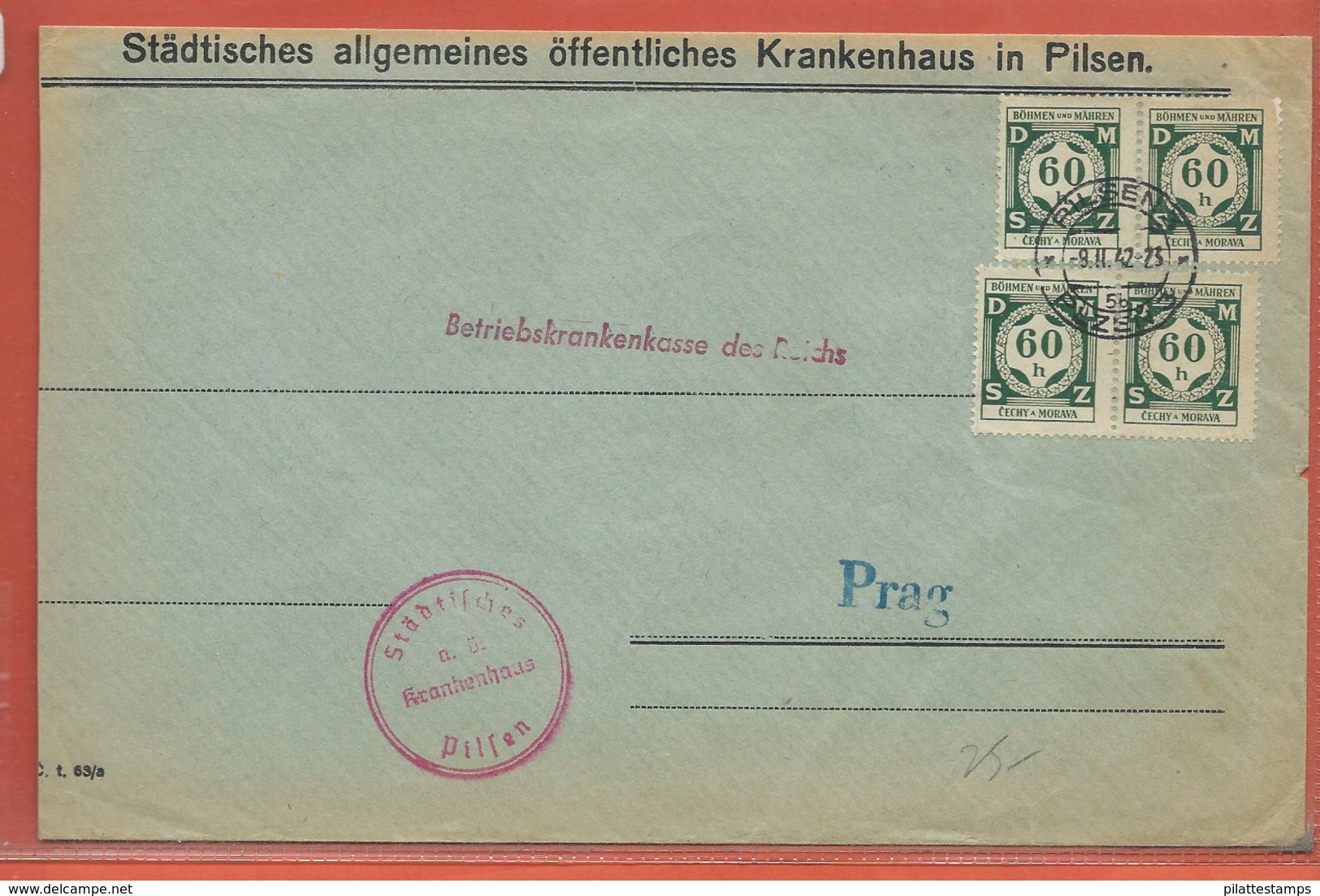 BOHEME ET MORAVIE LETTRE DE SERVICE DE 1942 DE PILSEN POUR PRAGUE - FDC