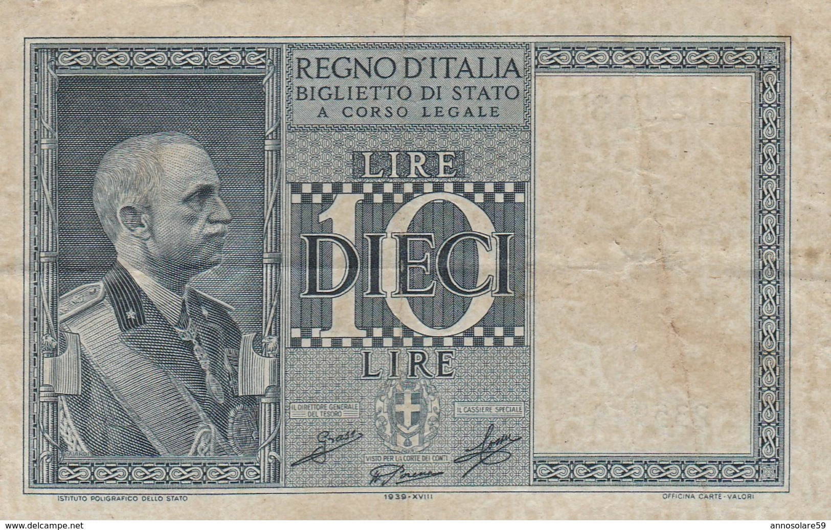 BANCONOTA: 10 LIRE, IMPERO BIGLIETTO DI STATO, VITTORIO EMANUELE III, 1939-XVIII - ORIGINALE 100% - LEGGI - Otros & Sin Clasificación