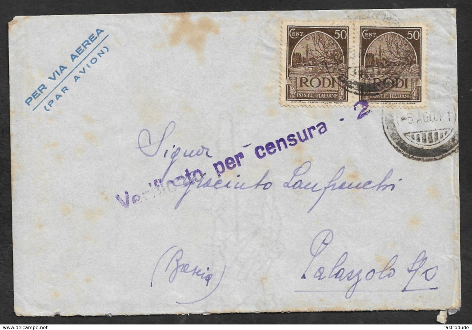 1941 ITALIA RODI - VIA AEREA - CENSURA - POSTA MILITARE 550E - 265º REG.INFANT. LECCE - Con Contenuto. - Militärpost (MP)