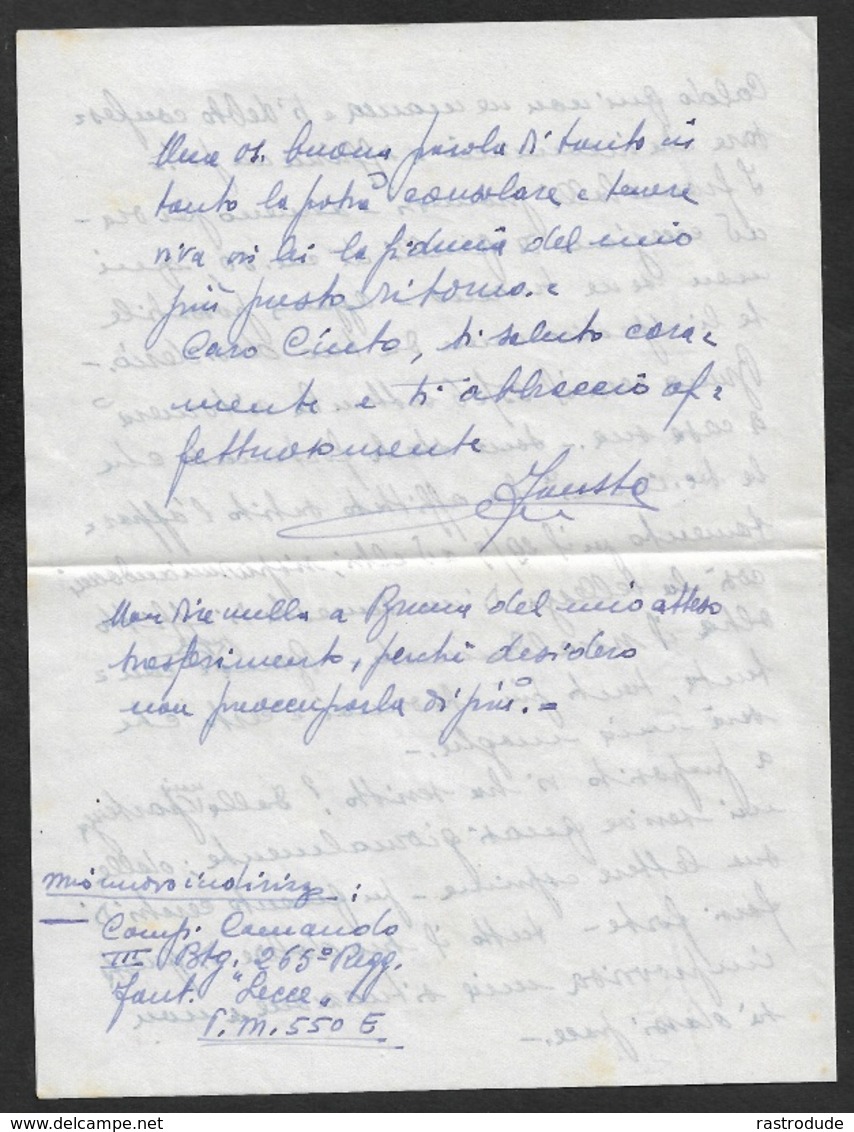 1941 ITALIA RODI - VIA AEREA - CENSURA - POSTA MILITARE 550E - 265º REG.INFANT. LECCE - Con Contenuto. - Militaire Post (PM)