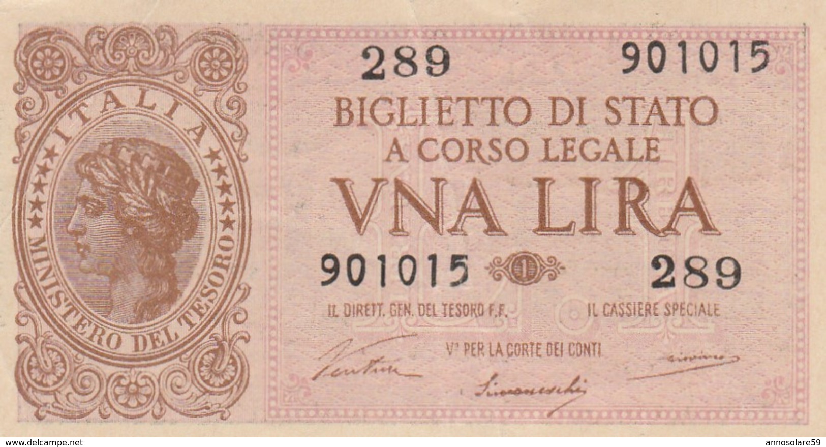 BANCONOTA: VNA UNA LIRA BIGLIETTO DI STATO A CORSO LEGALE - 23 NOVEMBRE 1944 - ORIGINALE 100% - LEGGI - Italia – 1 Lira