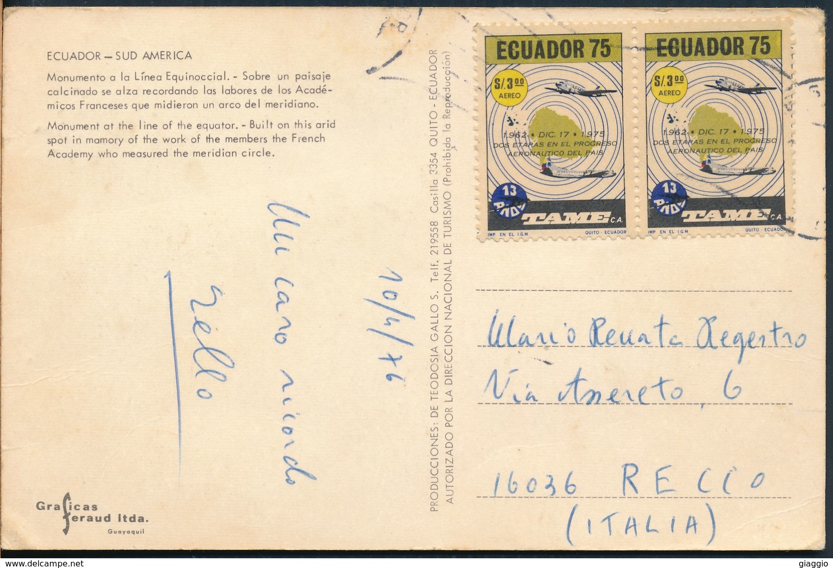 °°° 19537 - ECUADOR - MONUMENTO A LA LINEA EQUINOCCIAL - 1976 With Stamps °°° - Ecuador