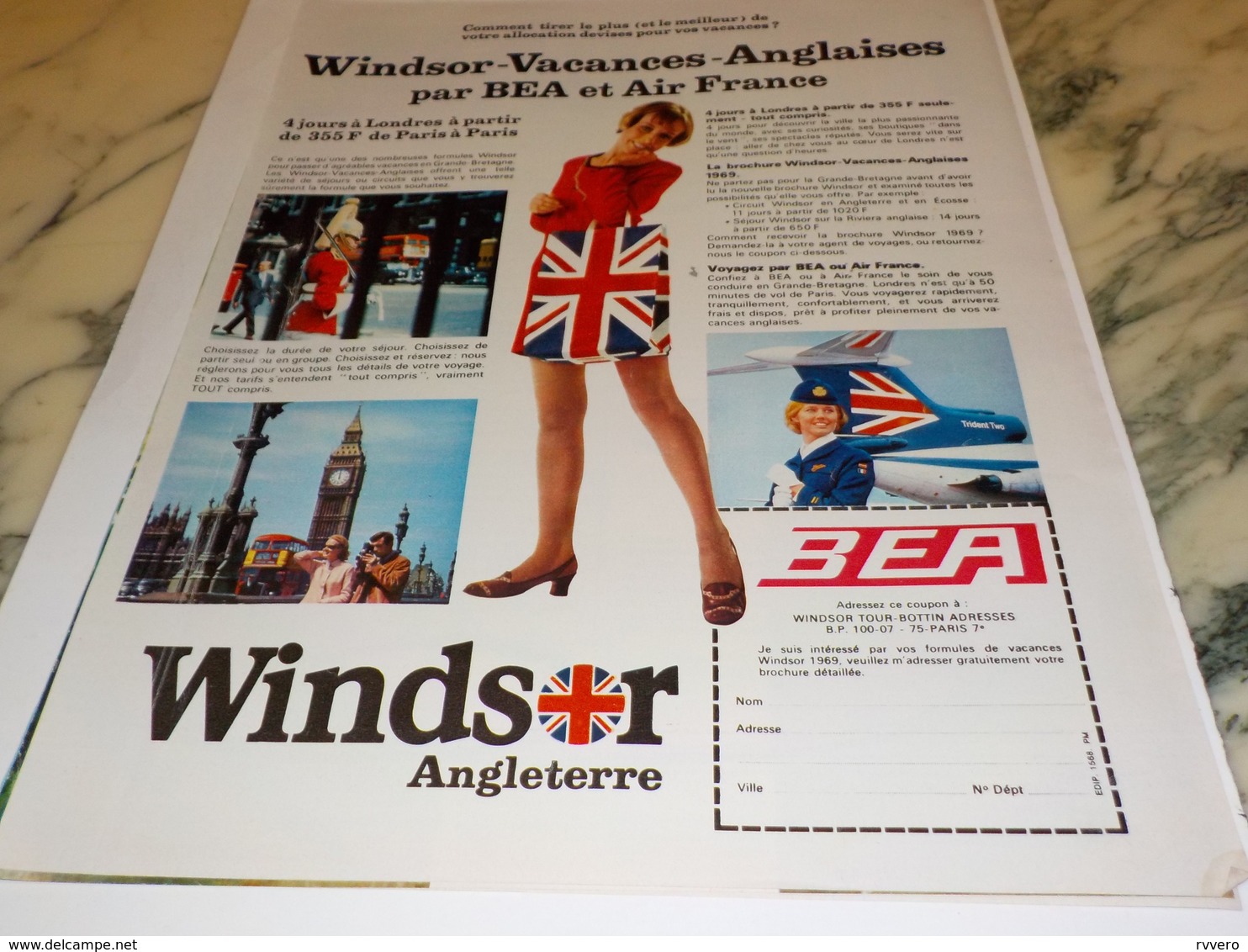 ANCIENNE PUBLICITE EN VACANCE WINDSOR AIR FRANCE BEA 1969 - Advertisements