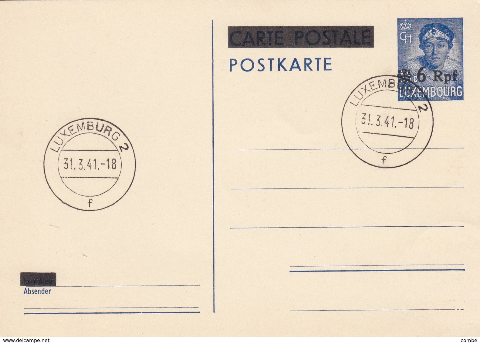 POSTKARTE. LUXEMBURG. 31 3 41. 6Rpf/35c - 1940-1944 Ocupación Alemana