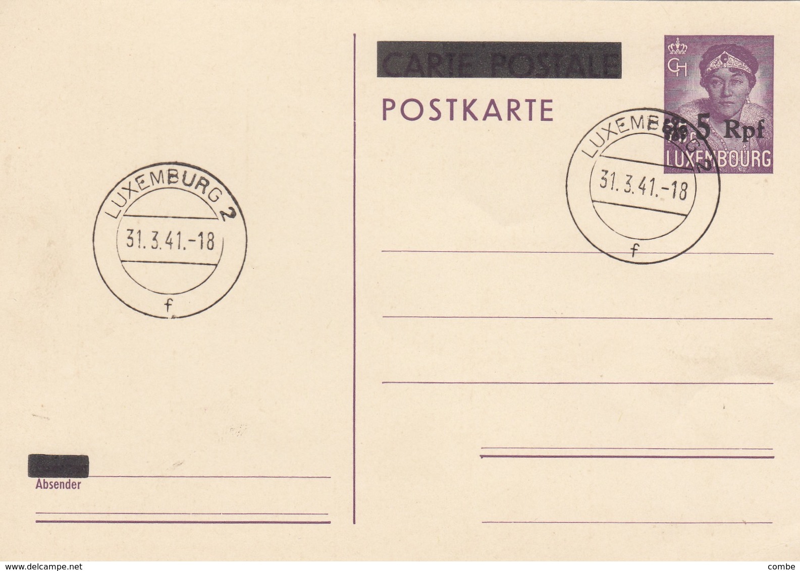 POSTKARTE. LUXEMBURG. 31 3 41. 5Rpf/75c - 1940-1944 German Occupation