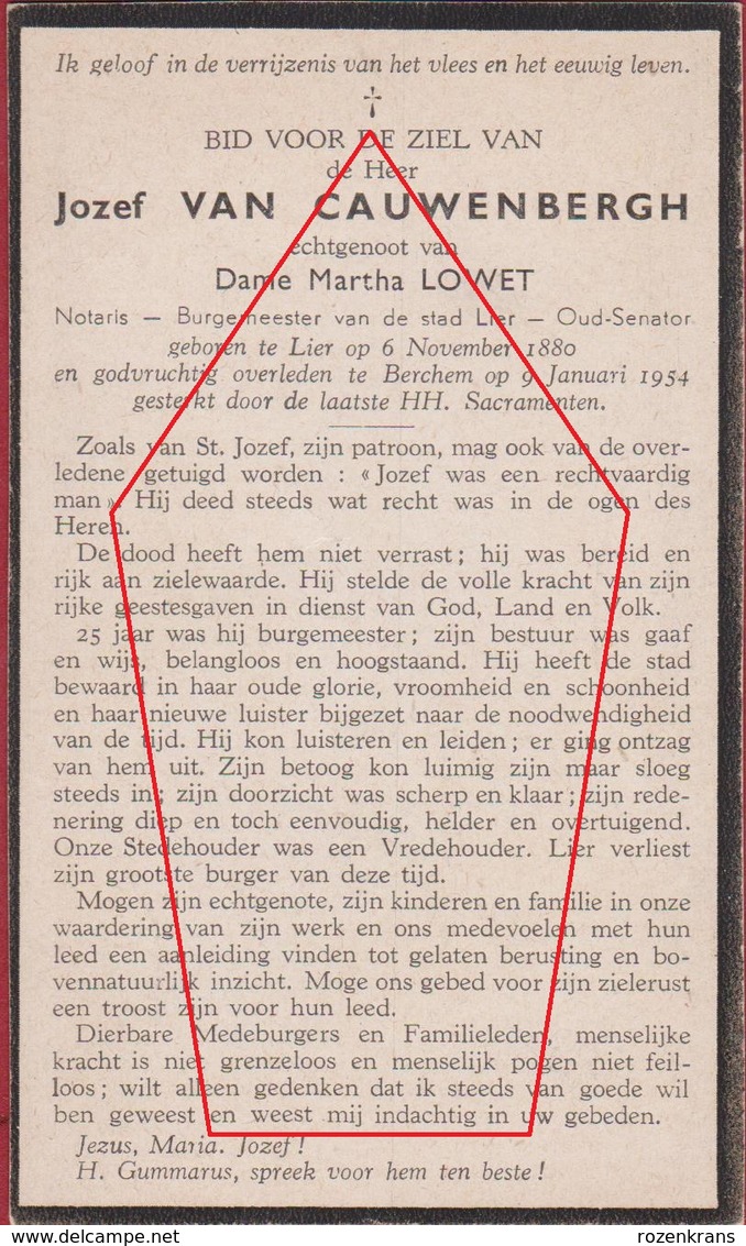 Jozef Van Cauwenbergh Martha Lowet Notaris Senator Burgemeester Stad Lier 1954 Bidprentje Doodsprentje Image Mortuaire - Lier