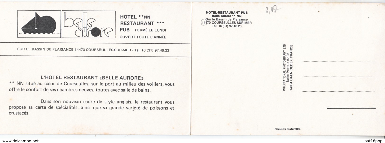 14 - COURSEULLES SUR MER : Hotel Restaurant Pub " BELLE AURORE " - Carte Commerciale 2 Volets Format CPM - Calvados - Courseulles-sur-Mer