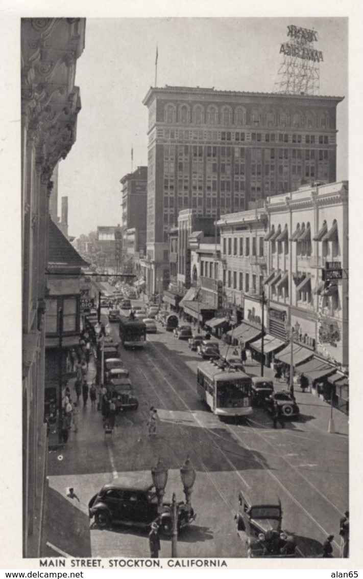 Stockton California, Main Street View, Street Car, Autos, C1920s/30s Vintage Postcard - Other & Unclassified