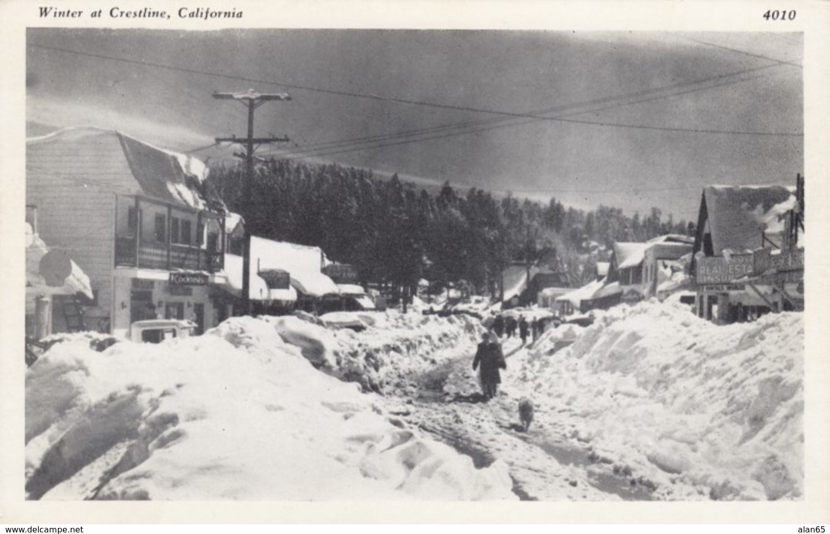 Crestline California, Winter Snow Street Scene 1940s Vintage Postcard - Altri & Non Classificati