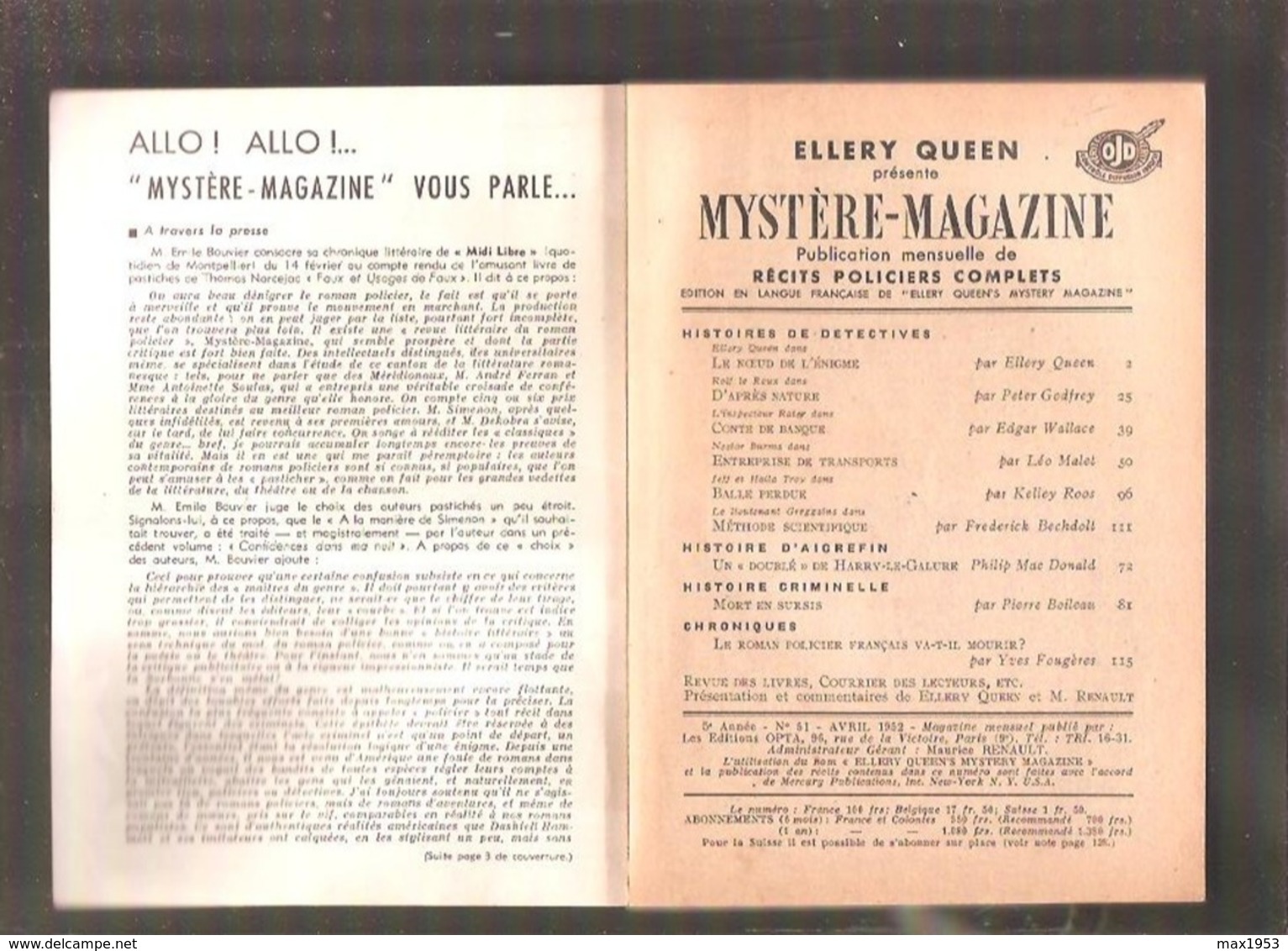 MYSTERE MAGAZINE N° 51 - AVRIL 1952 - Sommaire En Scan - Opta - Ellery Queen Magazine