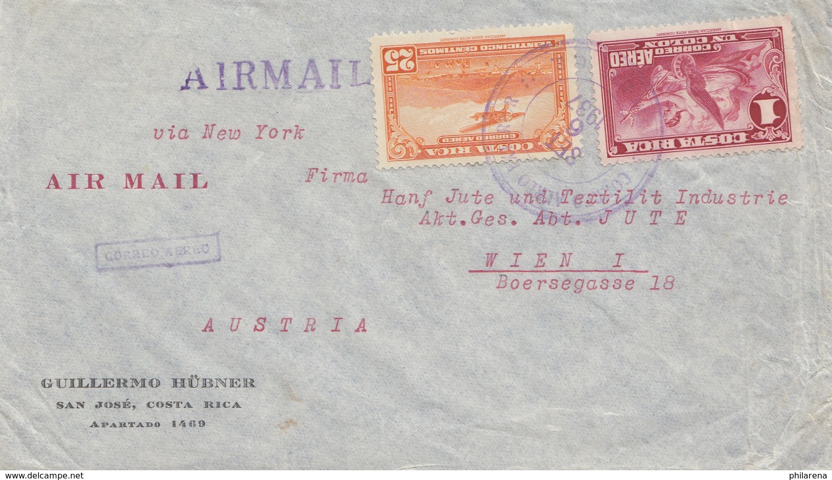 Costa Rica: 1937: San Jose To Viennea-Austria - Textil - Costa Rica