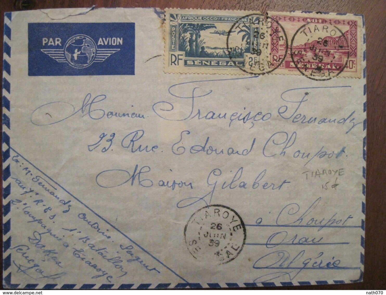 SENEGAL France 1939 TIAROYE ORAN 7e RTS Tirailleurs Sénégalais Lettre Enveloppe Cover Air Mail Colonies AOF Thiaroye - Lettres & Documents