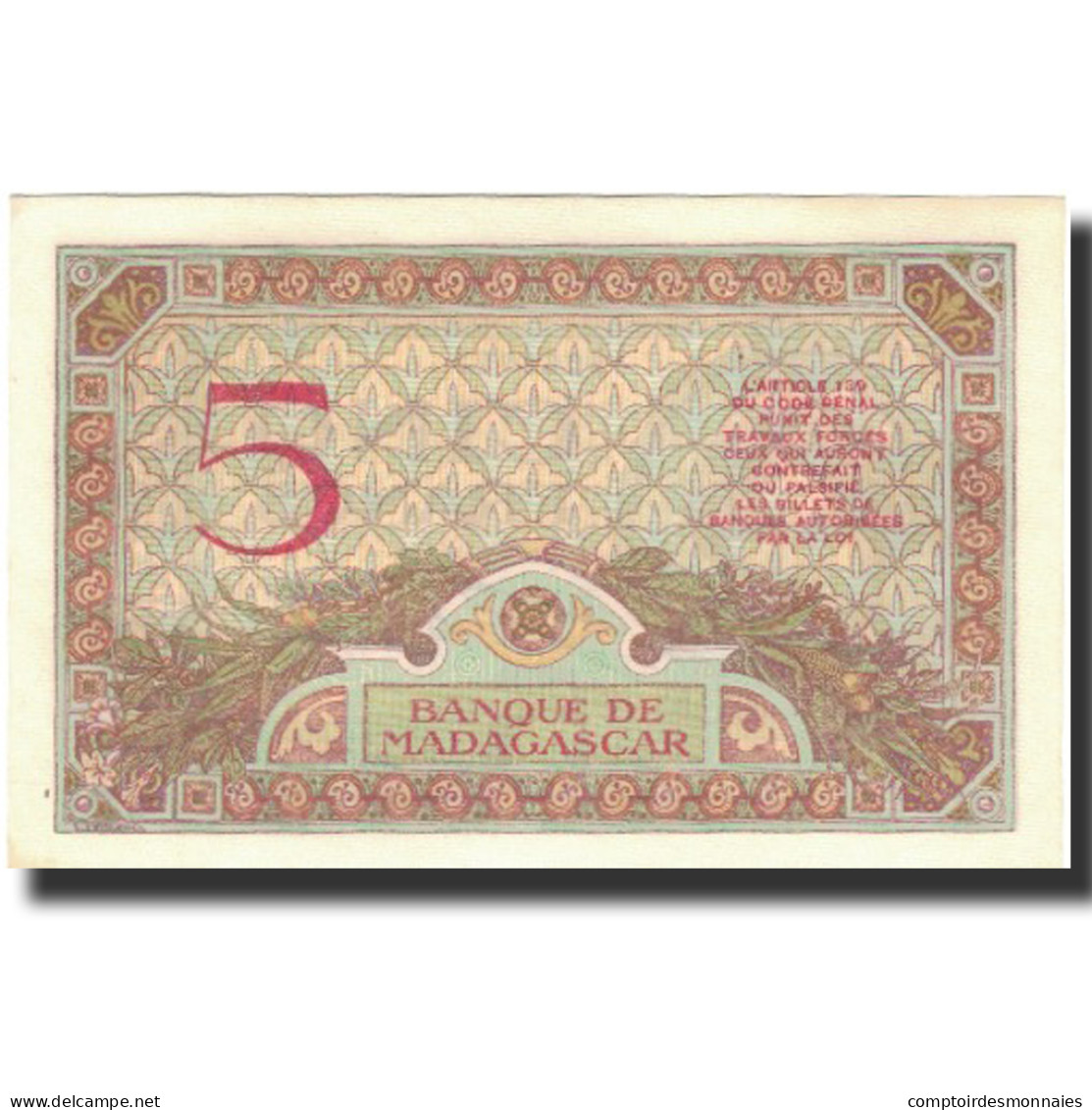 Billet, Madagascar, 5 Francs, 1937, KM:35, SPL - Madagascar