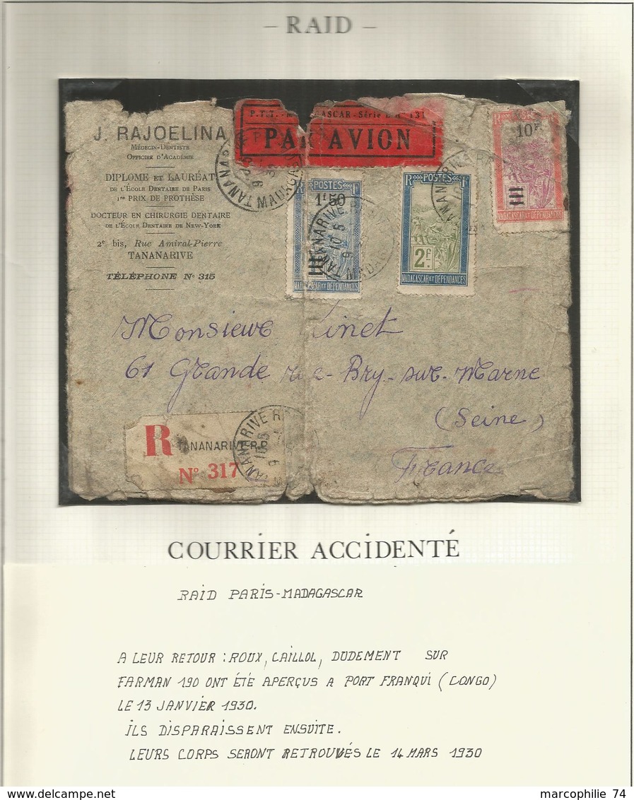 MADAGASCAR LETTRE ACCIDENTE RAID TANANARIVE 9.1.1930 POUR FRANCE GRIFFE AU DOS - 1960-.... Storia Postale