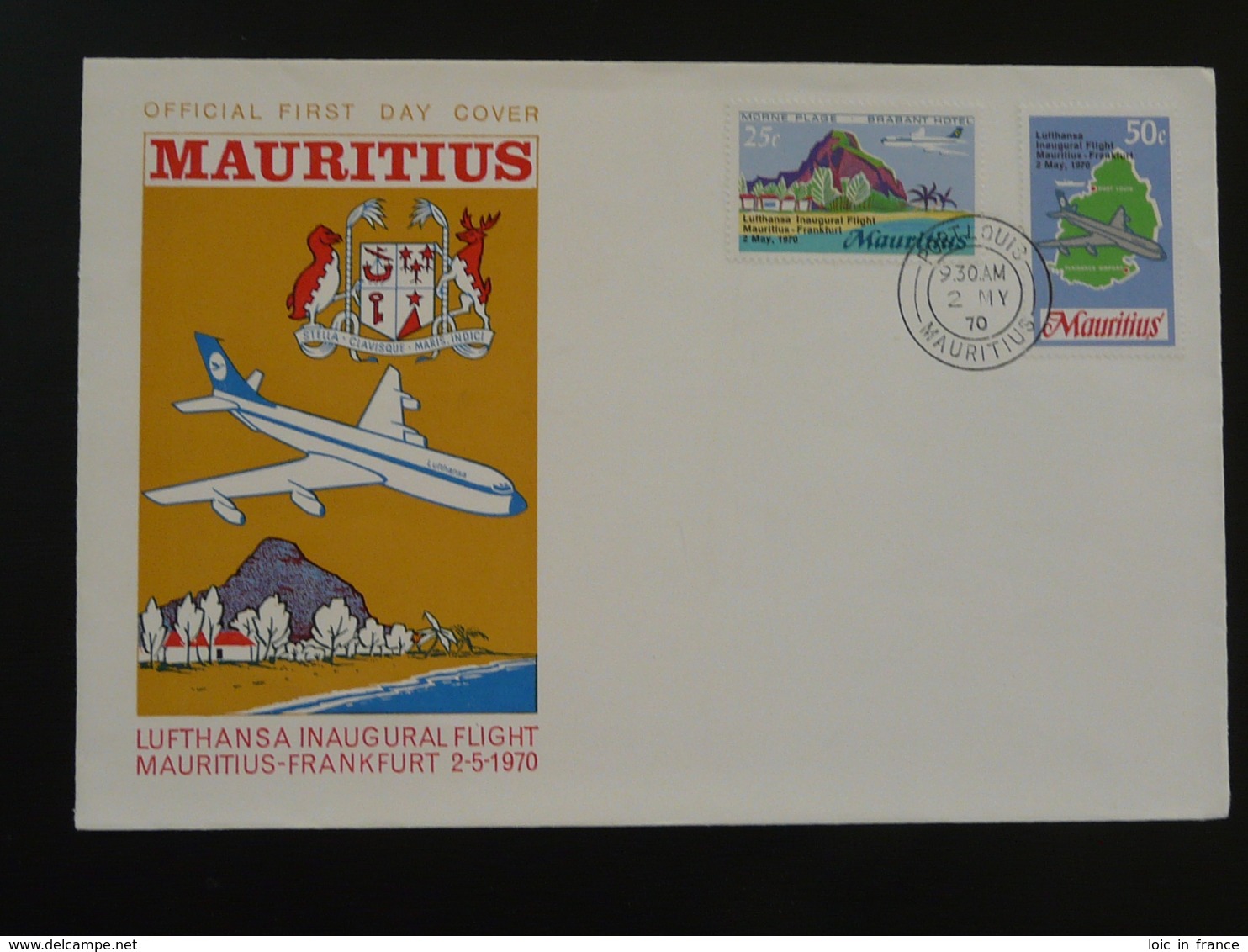 FDC Avion Aircraft Vol Inaugural Mauritius Frankfurt Lufthansa 1970 - Mauritius (1968-...)