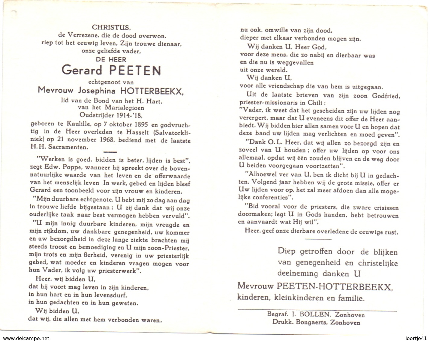 Devotie Doodsprentje Overlijden - Oudstrijder Gerard Peeten Echtg J. Hotterbeekx - Kaulille 1895 - Hasselt 1968 - Décès