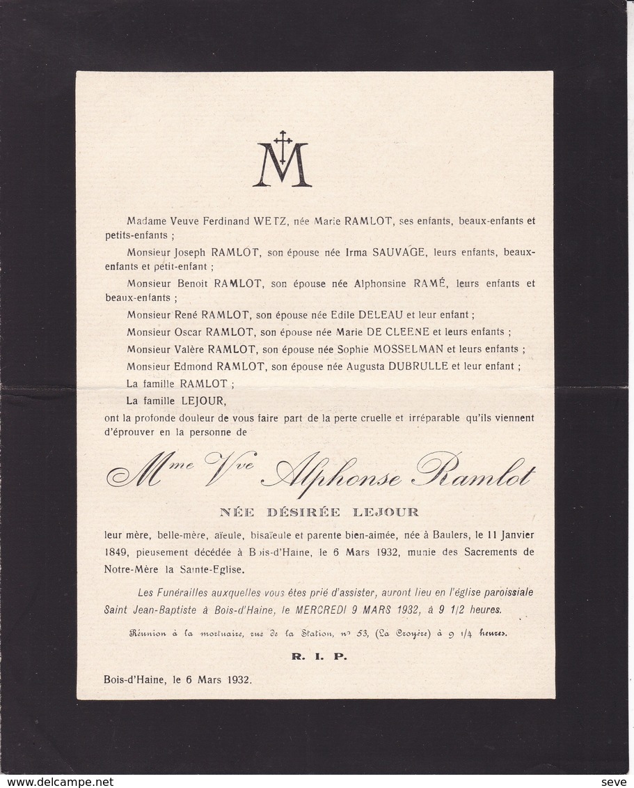 BOIS D'HAINE BAULERS Désirée LEJOUR Veuve RAMLOT Alphonse 1849-1932 MOSSELMAN DUBRULLE Etc - Todesanzeige