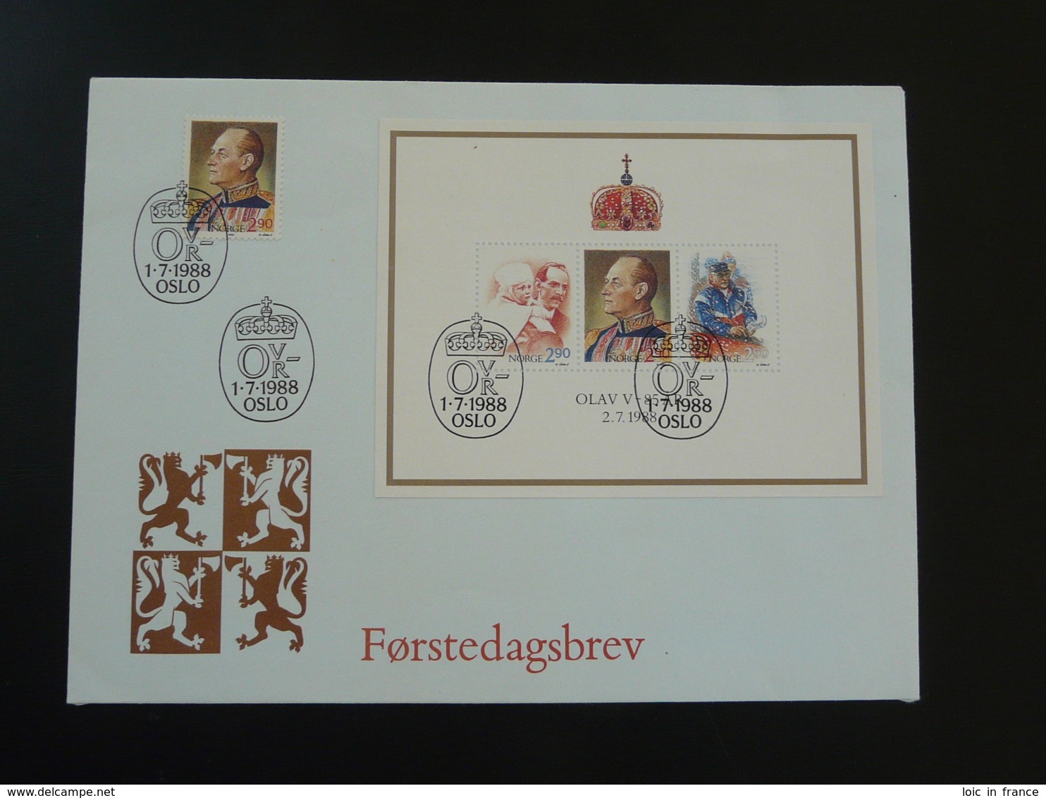 FDC Block Roi King Olav V Norvège Norway 1988 - FDC