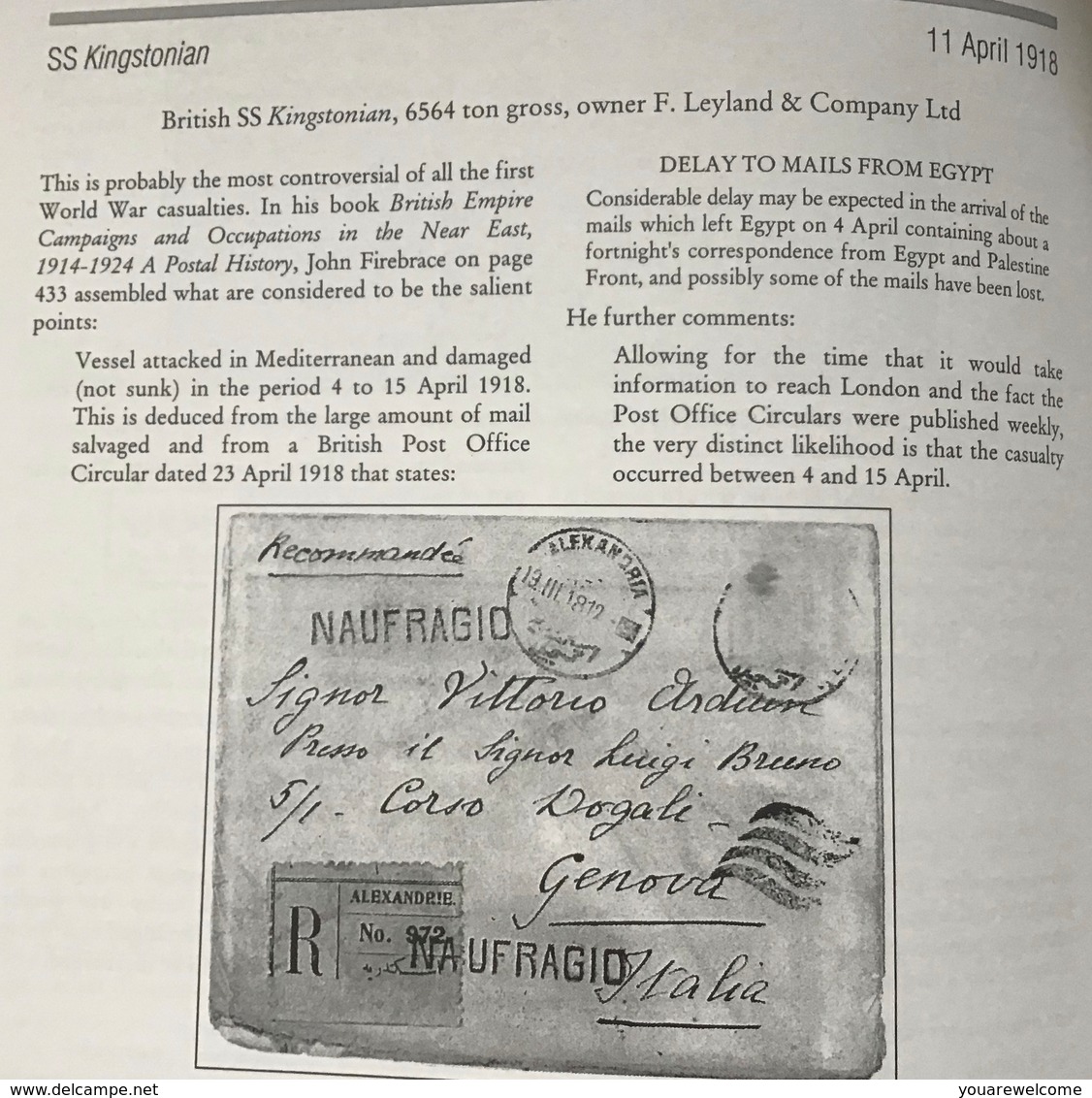 SHIP WRECK MAIL COVER SS KINGSTONIAN Alexandria 1918 BATEAU NAUFRAGE MARSEILLE(lettre Accidenté WW1 1914-18 Egypt Egypte - 1915-1921 Protettorato Britannico