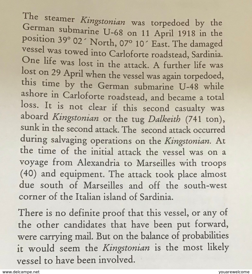 SHIP WRECK MAIL COVER SS KINGSTONIAN Alexandria 1918 BATEAU NAUFRAGE MARSEILLE(lettre Accidenté WW1 1914-18 Egypt Egypte - 1915-1921 Protettorato Britannico