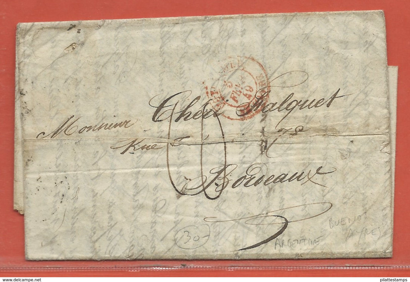 ARGENTINE LETTRE DE 1849 DE BUENOS AIRES POUR BORDEAUX FRANCE (PLI) - Préphilatélie