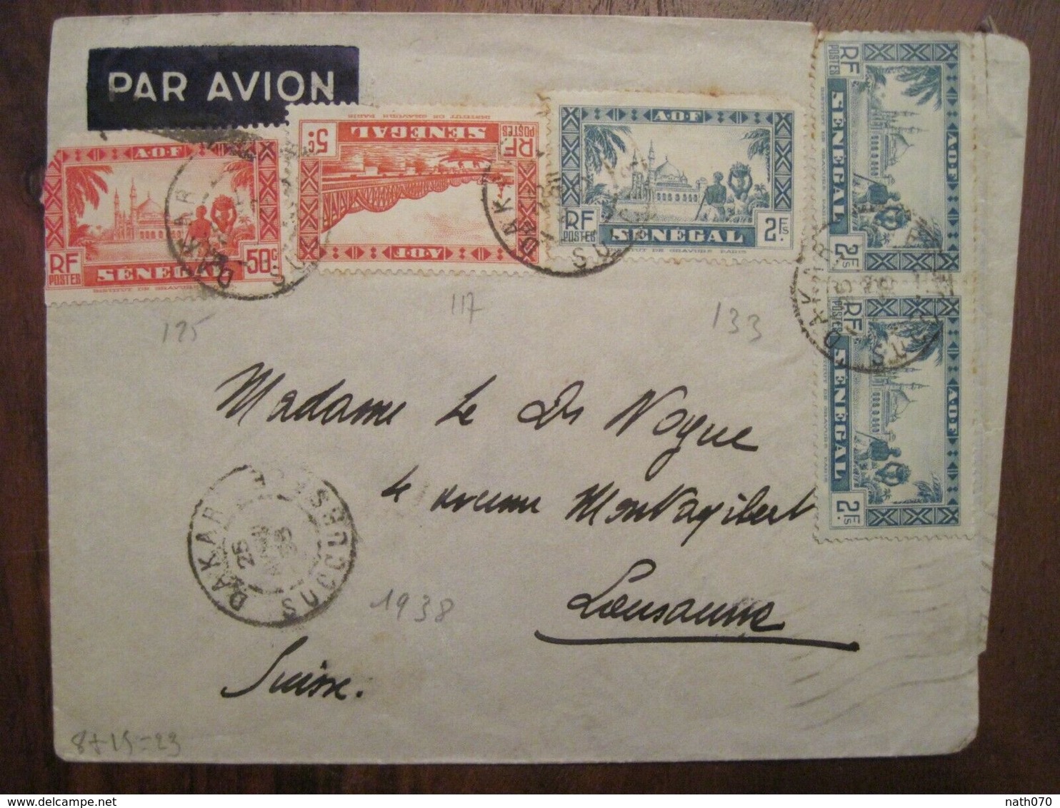 SENEGAL France 1938 SUISSE Lausanne Lettre Enveloppe Cover Air Mail Colonies AOF - Lettres & Documents