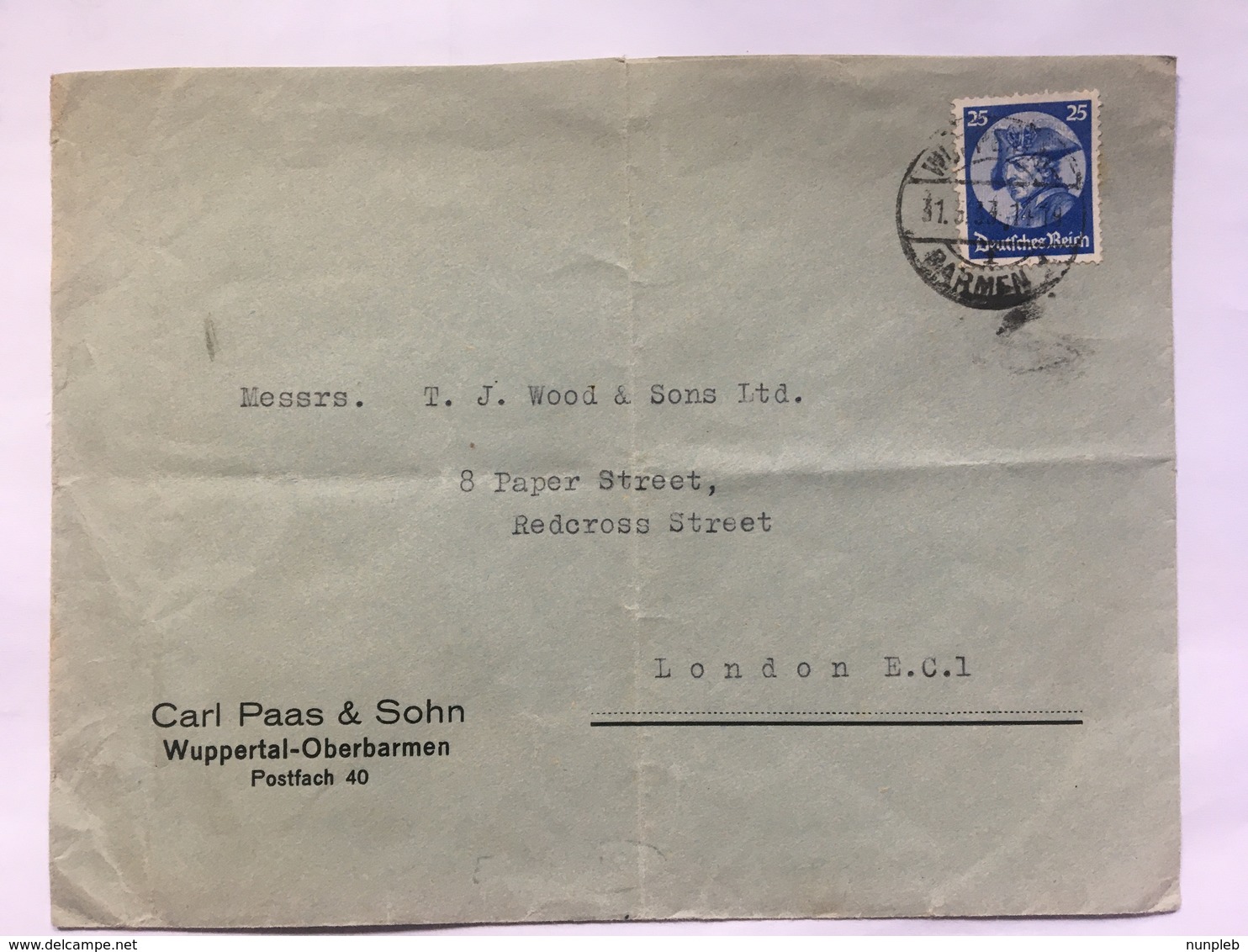 GERMANY 1933 Cover Wuppertal To London - `Carl Paas & Sohn` - Lettres & Documents