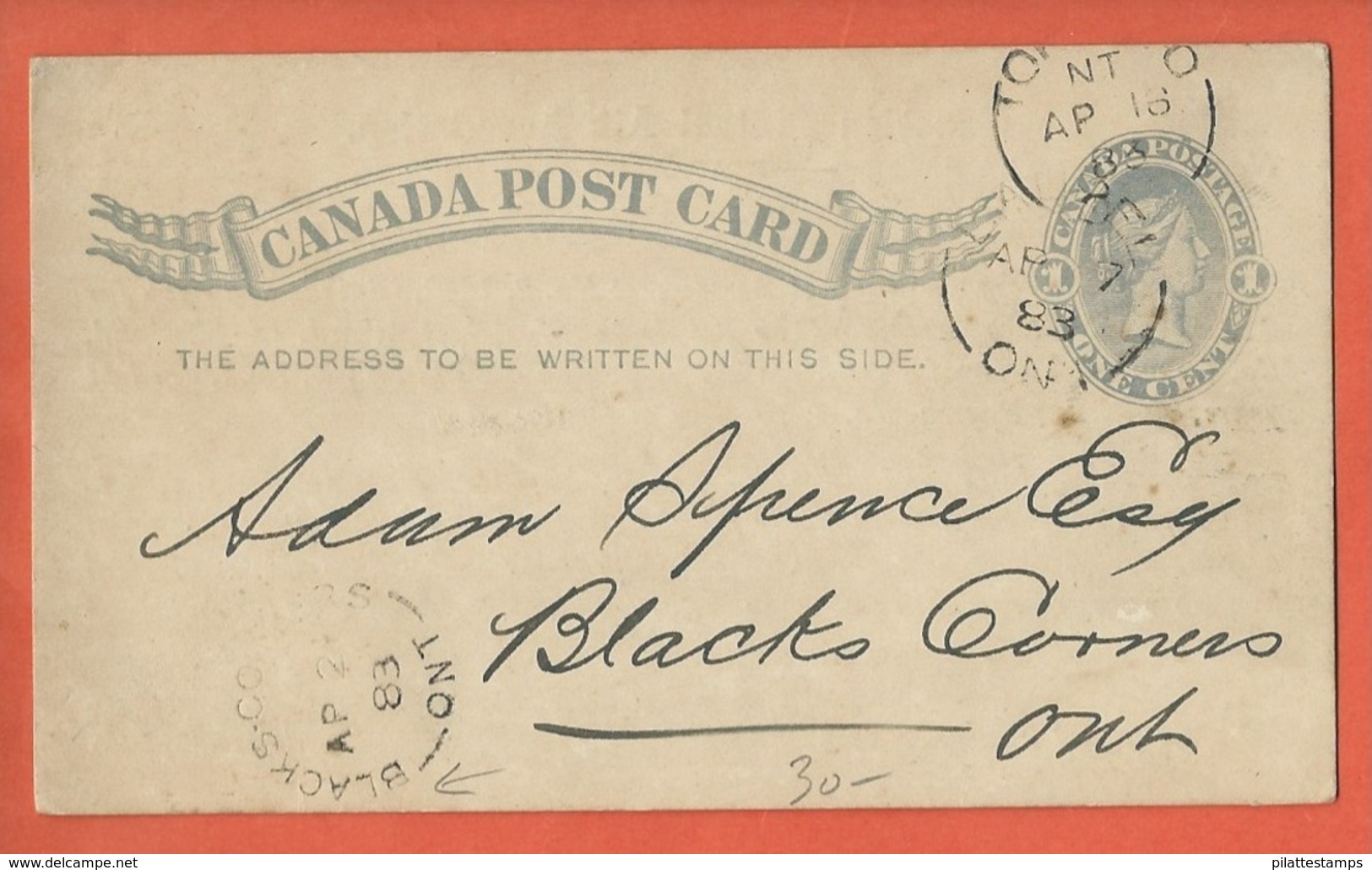 CANADA ENTIER POSTAL REPIQUE DE 1883 DE TORONTO POUR BLACKS CORNERS - 1860-1899 Victoria