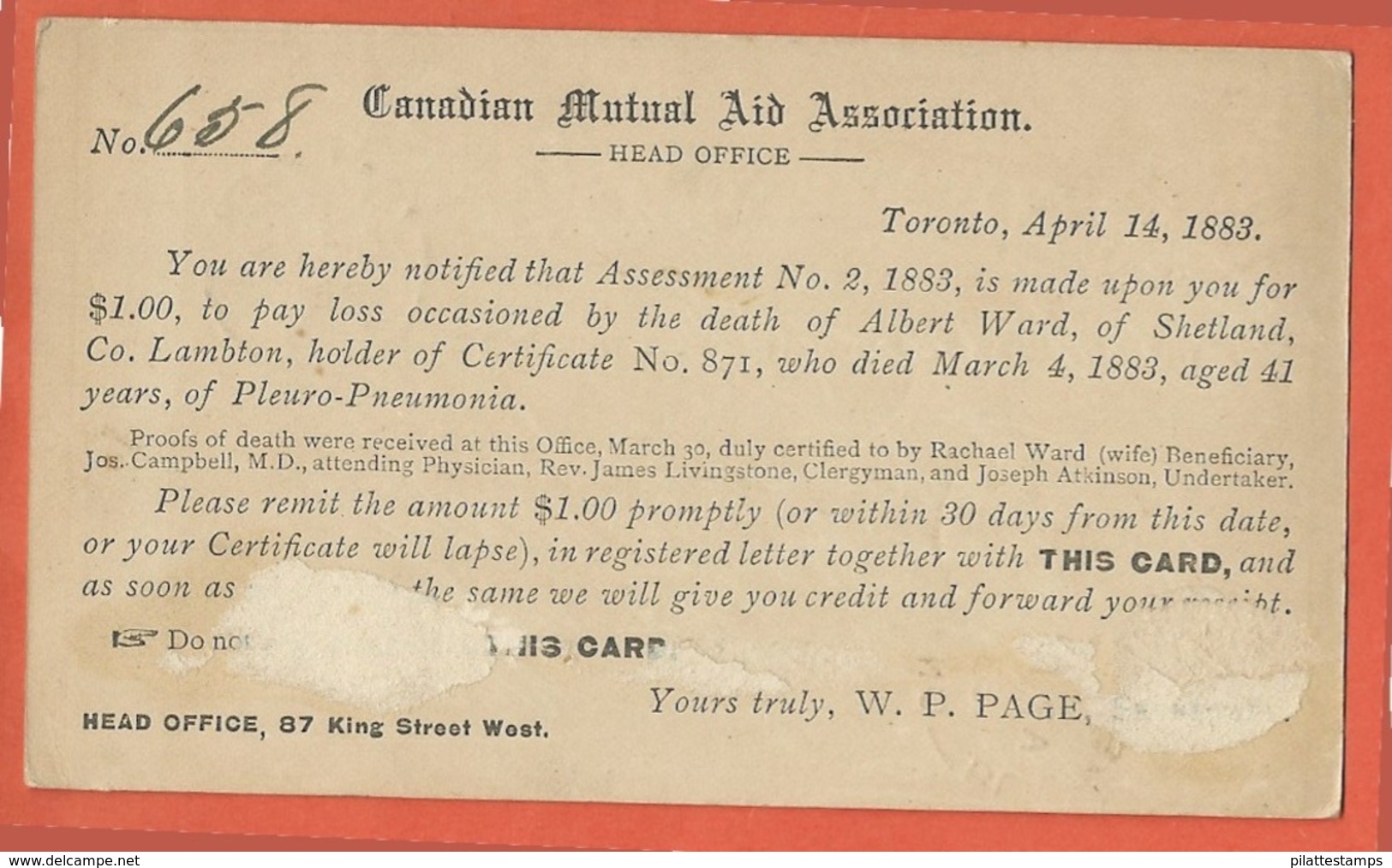 CANADA ENTIER POSTAL REPIQUE DE 1883 DE TORONTO POUR BLACKS CORNERS - 1860-1899 Victoria