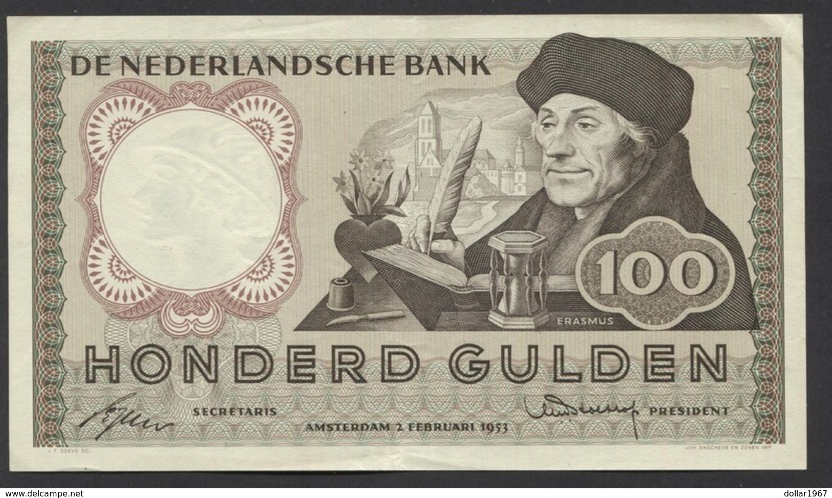 :Netherlands  -  100 Gulden 1953 'Erasmus' Prachtig + - 100 Gulden