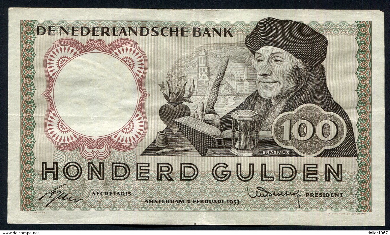 :Netherlands  -  100 Gulden 1953 'Erasmus' 2-2-1953 - 100 Florín Holandés (gulden)