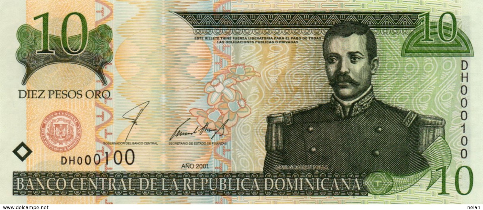 DOMINICAN REPUBLIC  10 PESOS ORO 2001 P-168a  AUNC+   SERIE  DH*000100 - Repubblica Dominicana