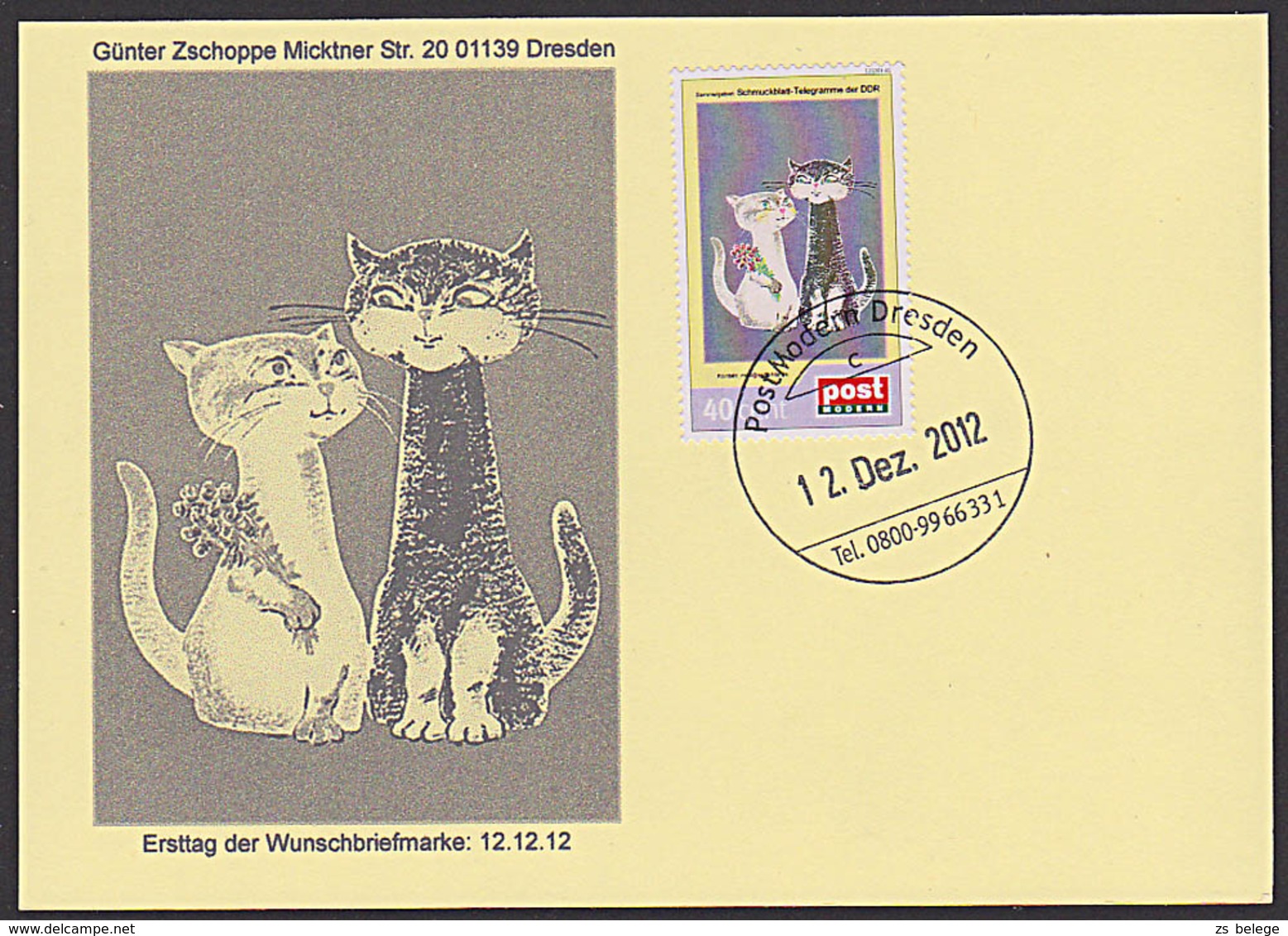 Cat Katze Privatpost BRD Schmuckblatt Telegramm Lx Motiv: Kater Und Katze Als Paar Ersttag PostModern - Chats Domestiques