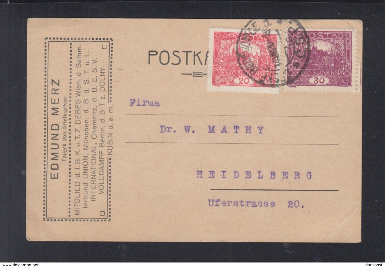 CSR PK 1920 Budojowice Nach Heidelberg - Storia Postale
