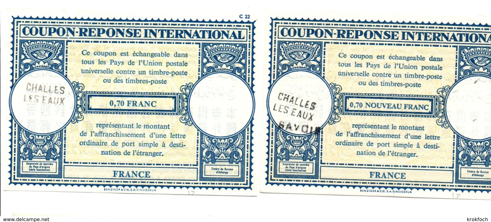 Coupon-réponse France - 2 X 0,70 F Ou Nouveau Franc - Modèle Lo 17 - Challes-les-eaux Savoie - IRC CRI IAS - Reply Coupons