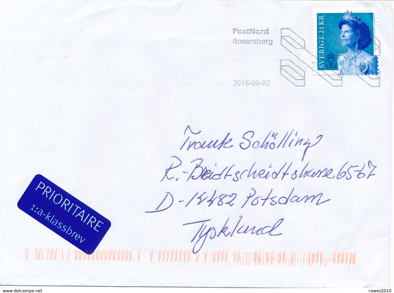 Schweden PostNord Rosersberg MWST 2018 21 KR Königin Sylvia Brief Nach Deutschland - Lettres & Documents