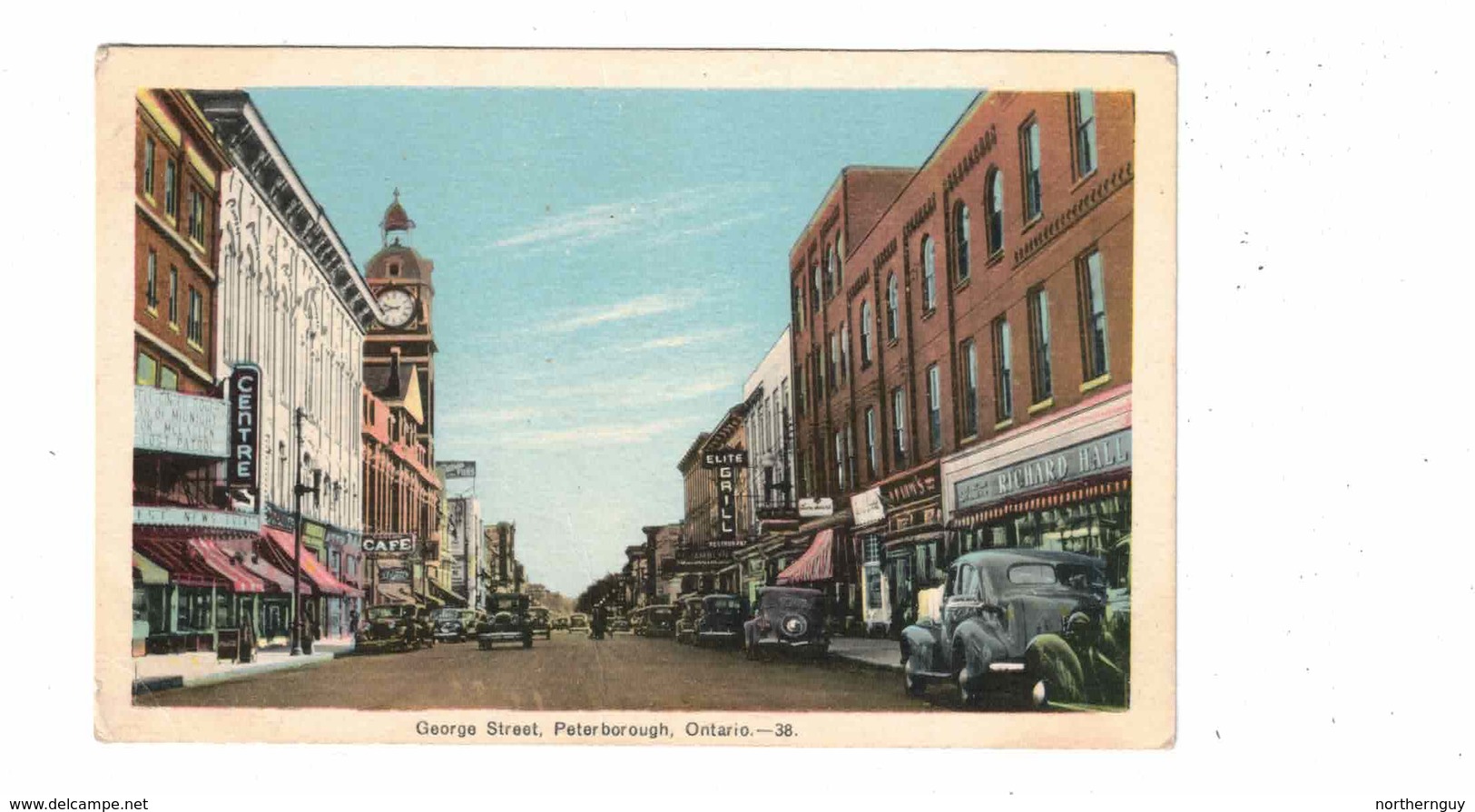 PETERBOROUGH, Ontario, Canada, George Street & Stores, 1940's White Border PECO Postcard, Peterborough County - Peterborough