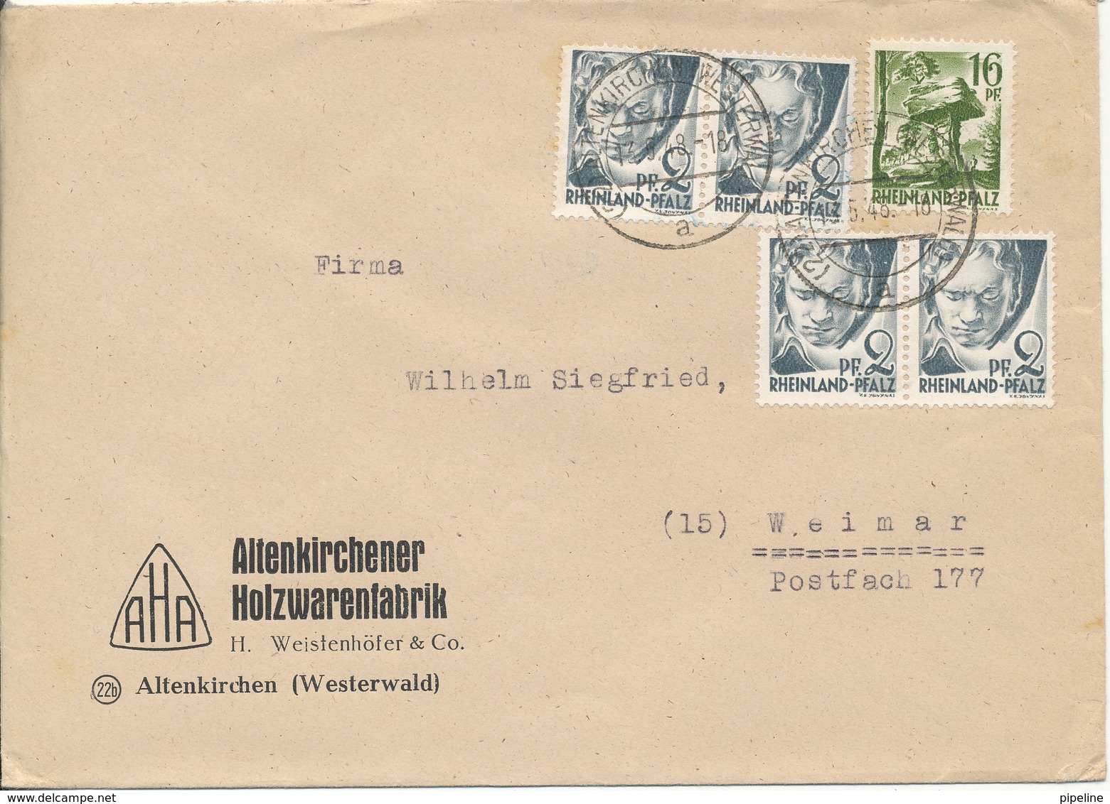 Germany Allied Occupation French Zone Rheinland Pfalz Cover Altenkirchen 13-5-1948 (Holzwarenfabrik) - Autres & Non Classés