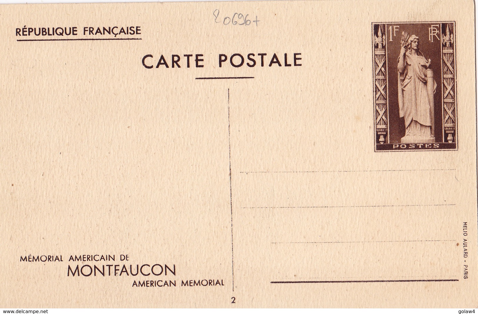 20696# ENTIER POSTAL MEMORIAL AMERICAIN MONTFAUCON MEUSE 1 Fr BRUN NOIR CARTE POSTALE K1b 1937 VUE DES RUINES - Cartes Postales Types Et TSC (avant 1995)