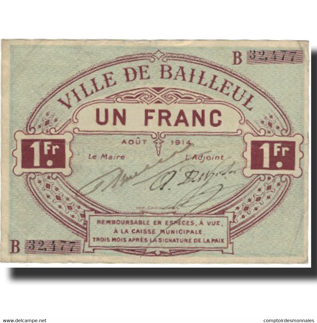 France, Bailleul, 1 Franc, 1914, TTB, Pirot:59-243 - Bons & Nécessité