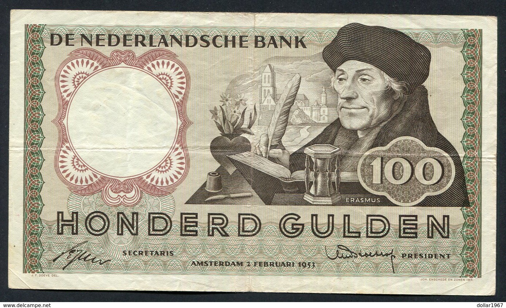 :Netherlands  -  100 Gulden 1953 'Erasmus' 2-2-1953 , Replacement . - 100 Gulden