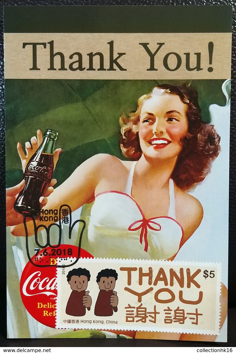 Sign Language Braille Stamps Inclusive Communication Hands 2018 Hong Kong Maximum Card THANK YOU Coca Cola Type F - Maximumkaarten