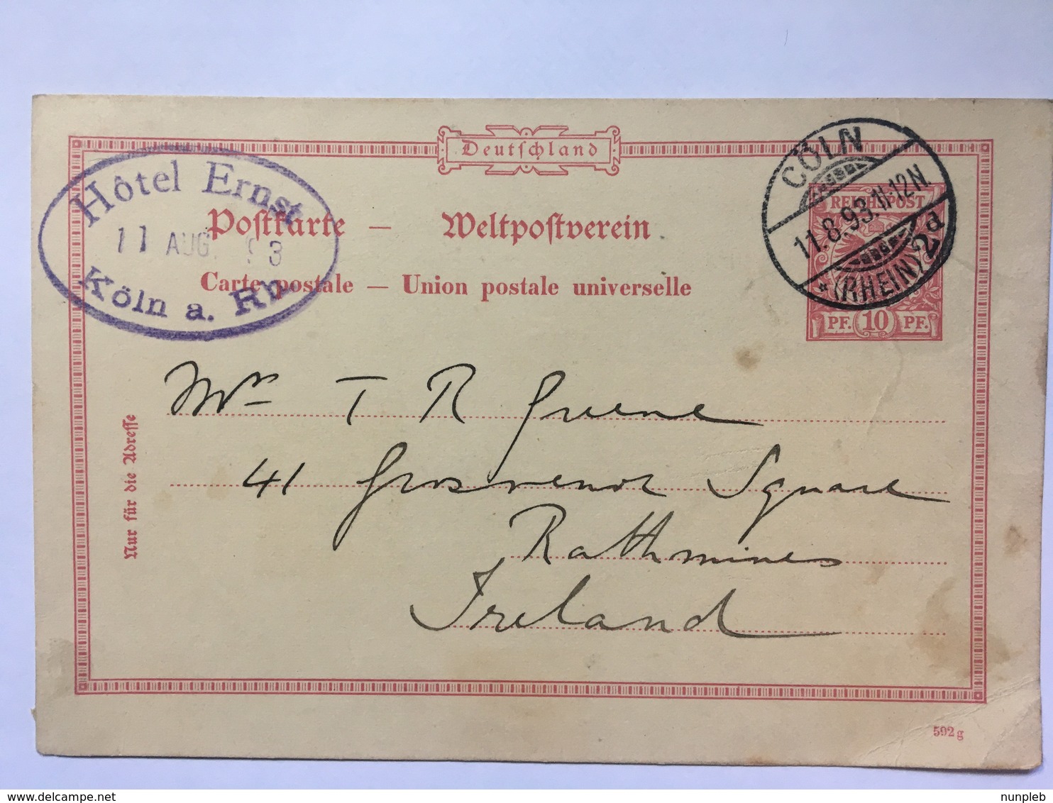 GERMANY 1893 Poskarte 592g Hotel Ernst Koln To Rathmines Ireland - Briefe U. Dokumente