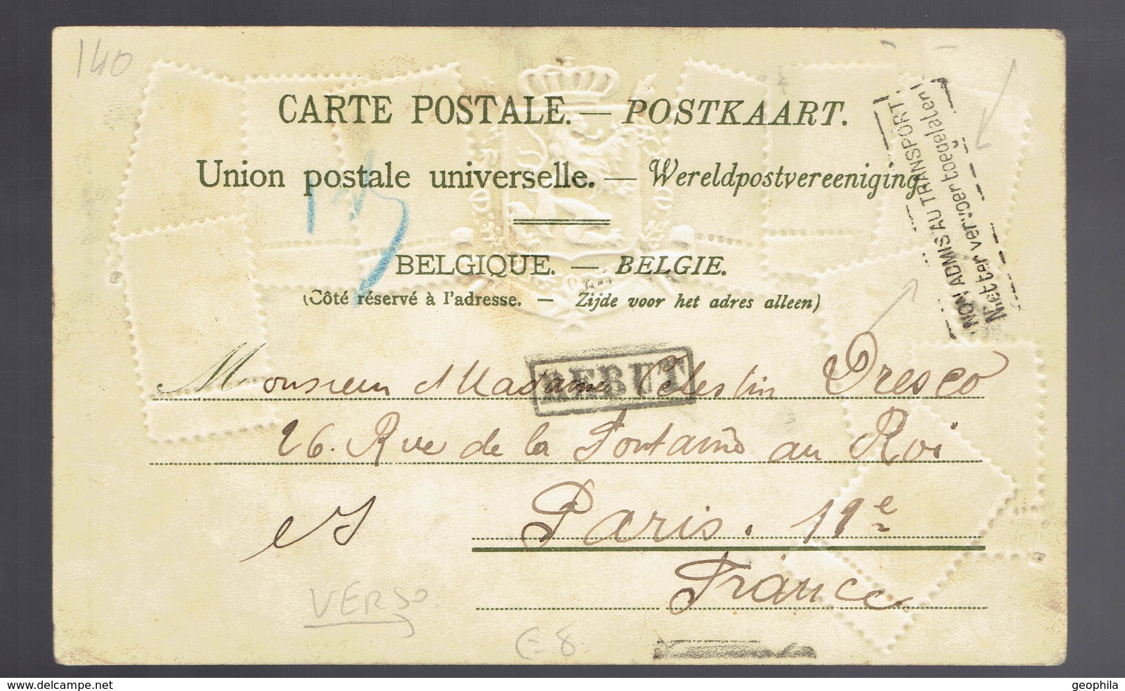 COB 53 + 56 Sans Band. Dom. / CP Bruxelles 15 JUILLET 1907 => Paris Verso Griffes " Non Admis Au Transport " " Rebut " - 1893-1900 Fine Barbe