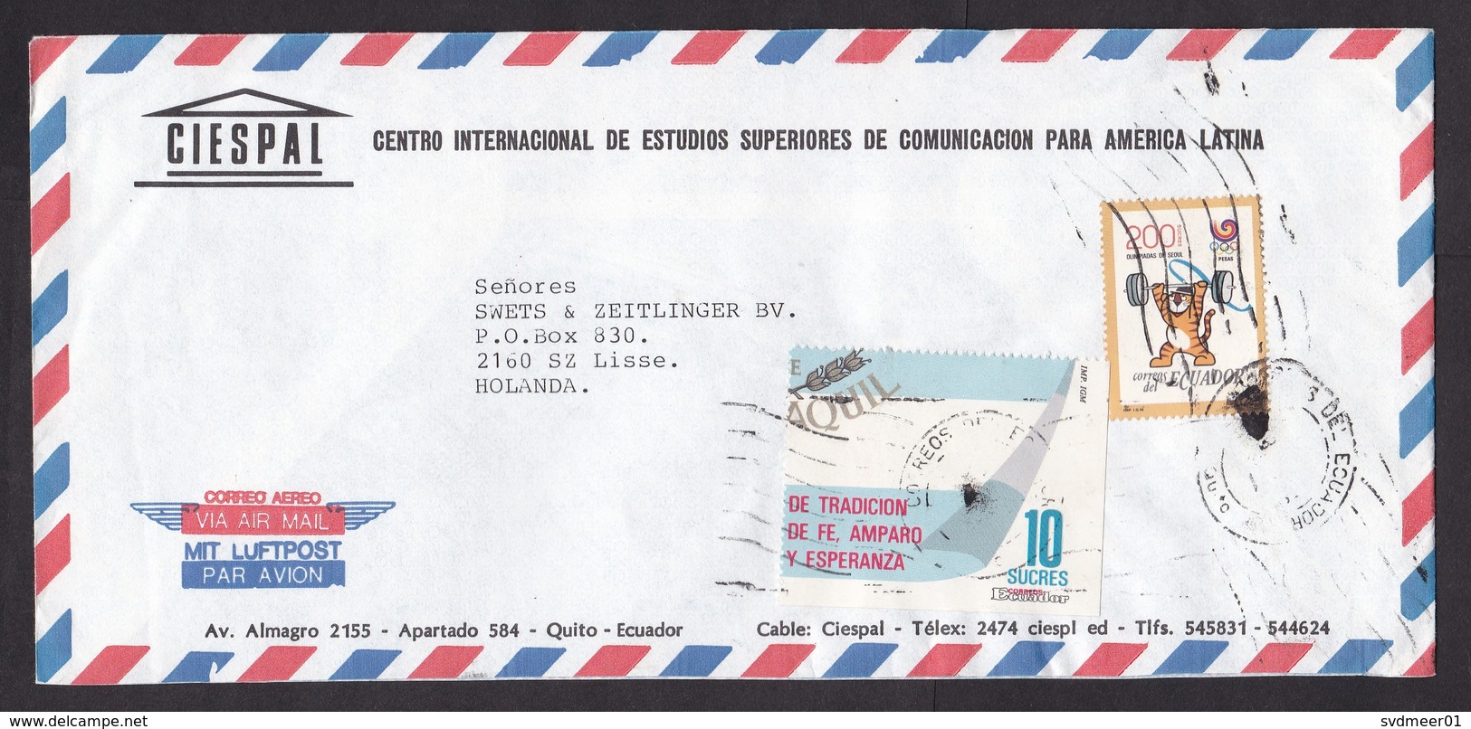 Ecuador: Airmail Cover To Netherlands, 2 Stamps, Olympics Seoul, Tiger, Weightlifting, Logo (ugly Cancel) - Equateur