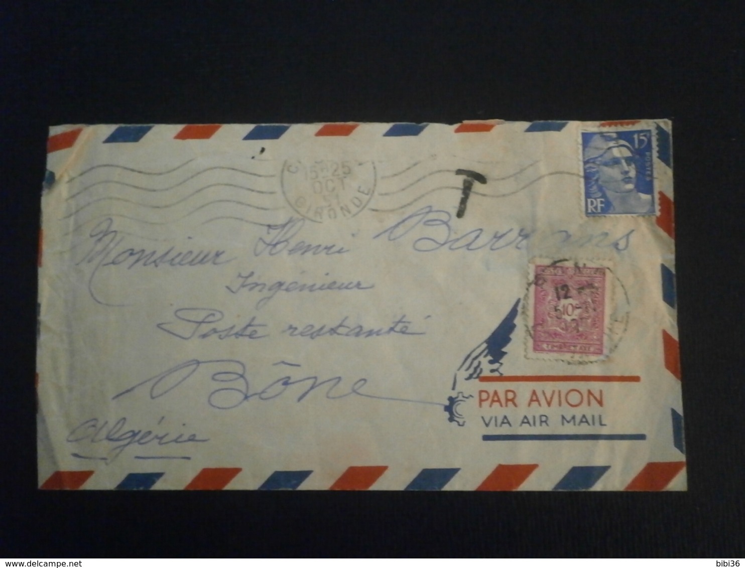 FRANCE GANDON 886 ENVELOPPE LETTRE COVER LETTER ENV PLI TAXE ALGER ALGERIE BONE ALGERIE BORDEAUX GIRONDE POSTE RESTANTE - 1859-1959 Briefe & Dokumente